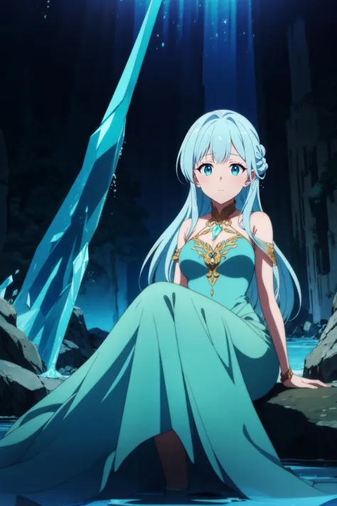 1girl,cave,crystal,crystal_cave,gem, frozen lake, underground,anime screencap, looking at viewer, dress,,stalactite,stalagmite,s...