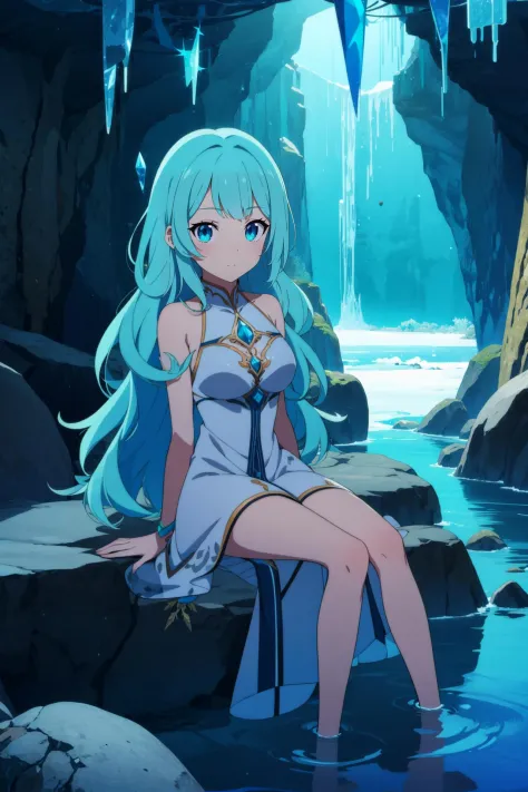 1girl,cave,crystal,crystal_cave,gem, frozen lake, underground,anime screencap, looking at viewer, dress,,stalactite,stalagmite,s...