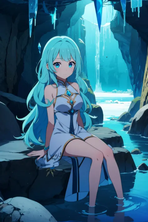 1girl,cave,crystal,crystal_cave,gem, frozen lake, underground,anime screencap, looking at viewer, dress,,stalactite,stalagmite,sitting,blue_hair,long_hair,upper body, breasts,water,vivid_colors,iridescent, emerald,ruby,sapphire
, anime_coloring,anime_keyvisual, colorful,vivid<lora:envybetterhandsLocon_beta2:1>