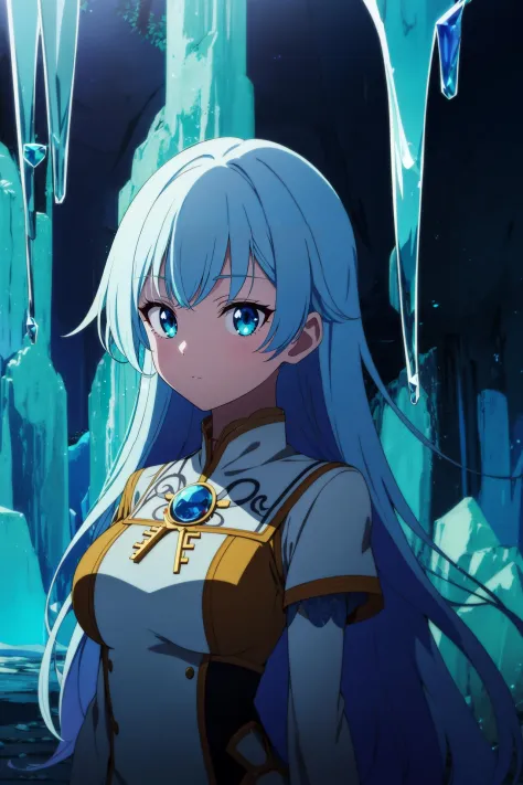 1girl,cave,crystal,crystal_cave,gem, underground,anime, looking at viewer, dress,stalactite,stalagmite,sitting,blue_hair,long_ha...