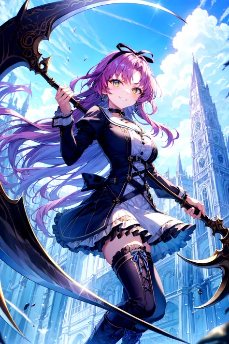 (masterpiece), (best quality), absurdres,(ultra-detailed), (highres), (detailed background),
1girl,standing,elegant ,silhouette, smirk, mischievous,
<lora:renne-nv-v1:0.8> (renne_sen),  full body, solo focus, (hand holding a (large Scythe:1.4)),(medium hair:1.2), medium breasts, gothic style,hair ribbon,shirt, long sleeves, white skirt, frill thighhighs, cross-laced boots,  cuffs, frill choker,
day, sun light, blue sky, dynamic camera angle, Middle Ages European Building Style, lens flare,
<lora:add_detail:0.25>