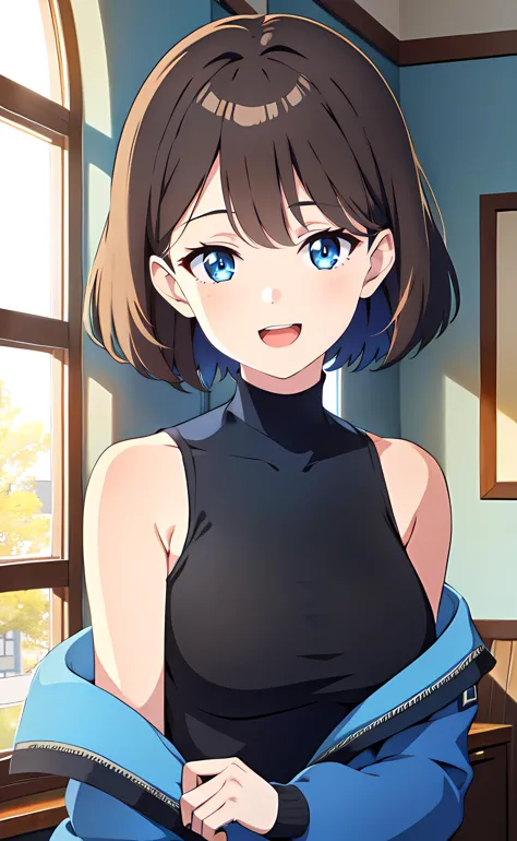 1girl, upper body, standing, short hair, brown hair, blue eyes, black shirt, sleeveless turtleneck, blue jacket, off shoulder jacket, bare shoulders, open mouth, smile, indoors, window