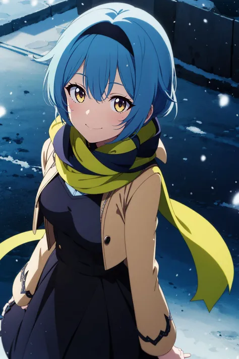 a woman with blue hair and a scarf standing in the snow