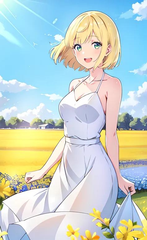 anime girl in white dress standing in field of yellow flowers