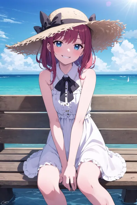 1girl, hat, solo, outdoors, day, blue eyes, smile, dress, sitting,red_hair,looking at viewer, ocean, sleeveless, straw hat, sky,...