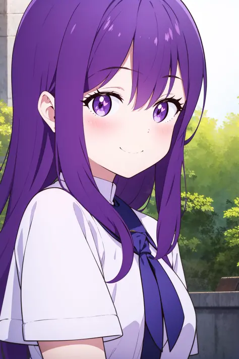 1girl, purple hair,upper body, smile,blush