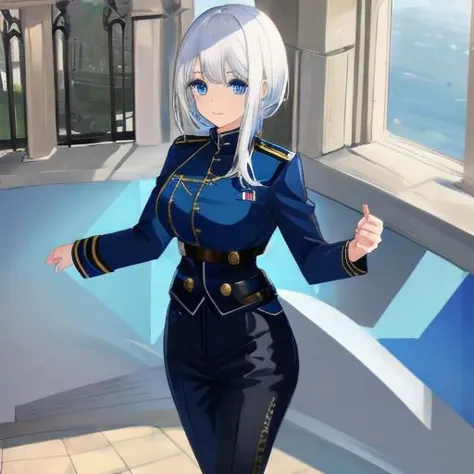 1girl, solo, white hair, blue fringes, oval head, gorgeous blue eyes, bodystocking, young woman, black uniform, military uniform