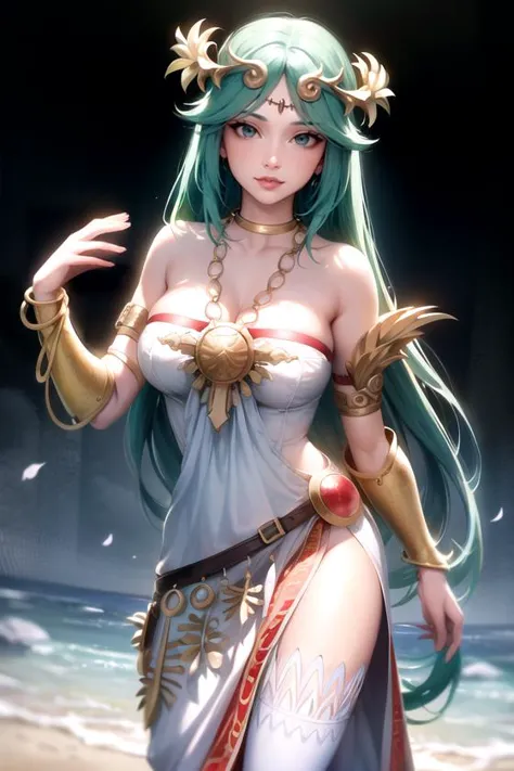 palutena_aiwaifu,aiwaifu,green hair,long hair,palutena mature_female,jewelry,very long hair,dress,bare shoulders,tiara,green eye...