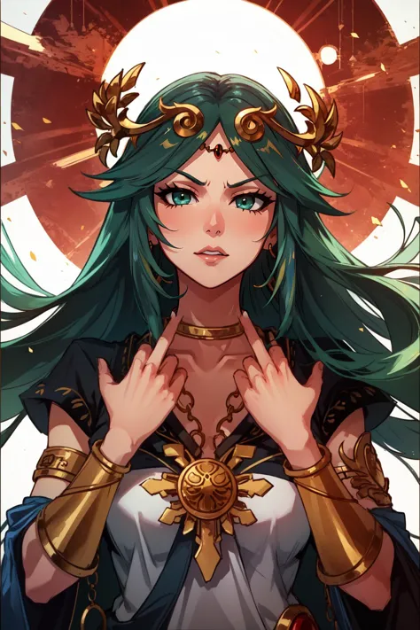 (masterpiece, best quality),  intricate details,
1girl,    <lora:GAME_palutena_aiwaifu-10:0.8> palutena_aiwaifu,aiwaifu,green hair,long hair,palutena mature_female,jewelry,very long hair,tiara,green eyes,necklace,armlet,large breasts, wide hips, toned, curvy,neck ring,laurel crown,thighhighs,parted bangs,,bangs,gold,forehead jewel,pendant,
angry, glaring, middle finger,  punk,