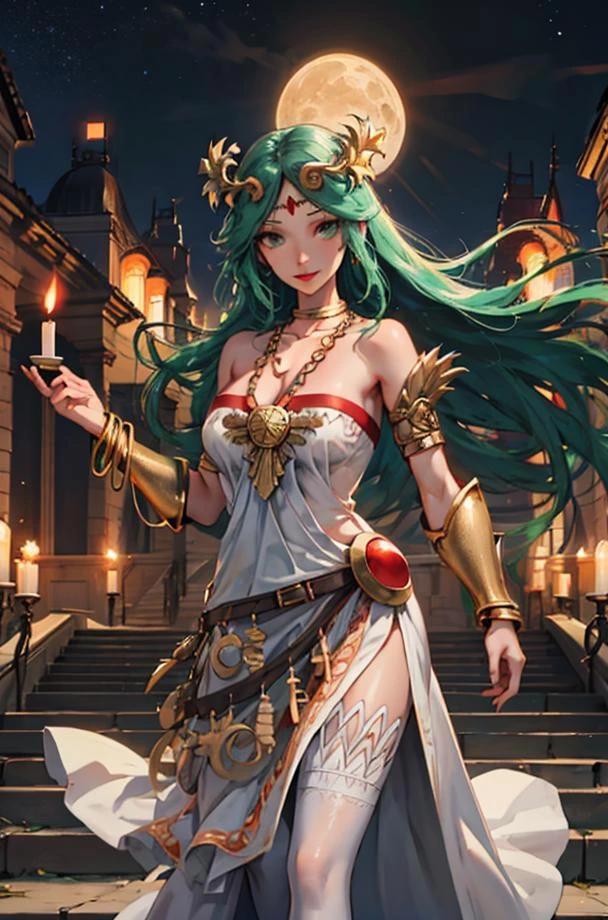 (masterpiece, best quality), palutena_aiwaifu ,aiwaifu ,green hair ,long hair ,palutena mature_female,jewelry ,very long hair ,dress ,bare shoulders ,tiara ,green eyes ,necklace ,strapless ,strapless dress ,white dress ,armlet ,large breasts, wide hips, toned, curvy,neck ring ,laurel crown ,thighhighs ,parted bangs ,vambraces ,bangs ,side slit ,gold ,forehead jewel ,pendant ,white thighhighs ,belt ,cleavage ,collarbone ,bracelet ,bracer ,long dress ,circlet ,gem ,lips,, outdoors, night,aurora,starry sky,water,ancient greek bathhouse,stairs,greek_mythology,sculpture,candle_wax,candlelight,[fire|candle],[moonlight|sidelighting],