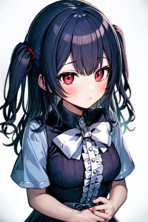 <lora:morino rinze_Loha:1>morino rinze, 1girl, solo, red eyes, white background, looking at viewer, simple background, bow, gothic, hair bow, dress, frills, long hair, bangs, short sleeves, white bow, two side up, center frills, black hair, blue hair, black bow, closed mouth, blush, black dress