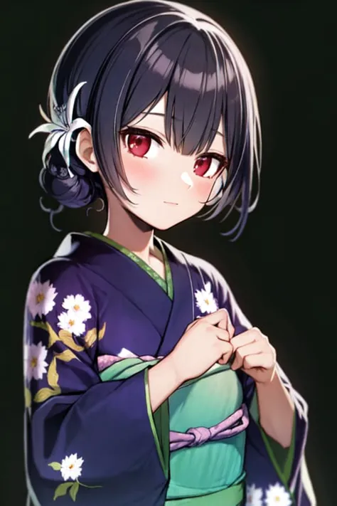 a woman in a kimono outfit with red eyes and a flower in her hair