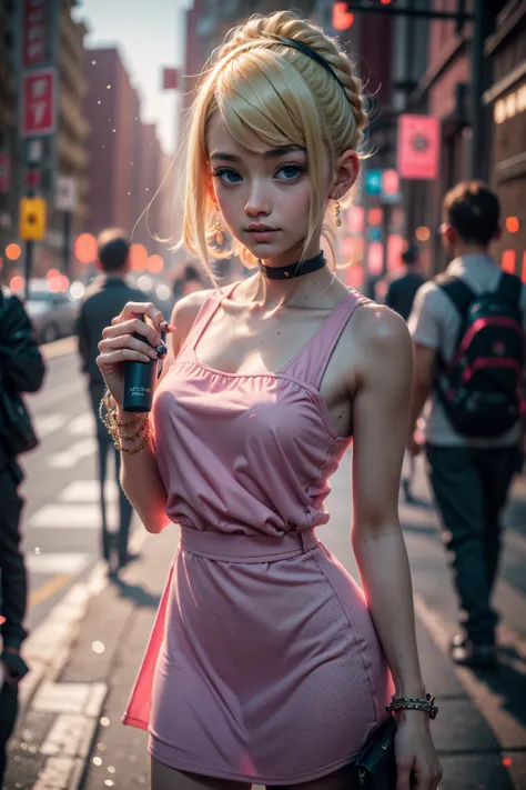 blond woman in pink dress holding a cell phone on a city street