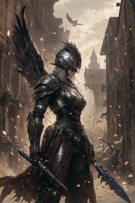 Meisterwerk, beste Qualität, highres, 1 Mädchen, Hightech-Rüstung tragen, Science-Fiction, adlerförmiger Helm, silver theme, Speer, Kampfhaltung, Stulpe, corset cyberhelmet winged helmet Parrley_armor Bloodborne