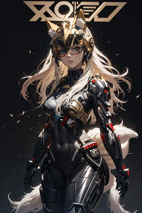 1 garota, máscara de raposa, orelha de raposa, Body Dourado, cabelo longo, tronco, tiro de vaqueiro,  cabelos brancos e esvoaçantes, caudas , pose dinâmica capacete cibernético cyberpunk pôster pintado tema escuro mechaarmor capacete alado,  tema ouro cibernético_óculos alphonse mucha