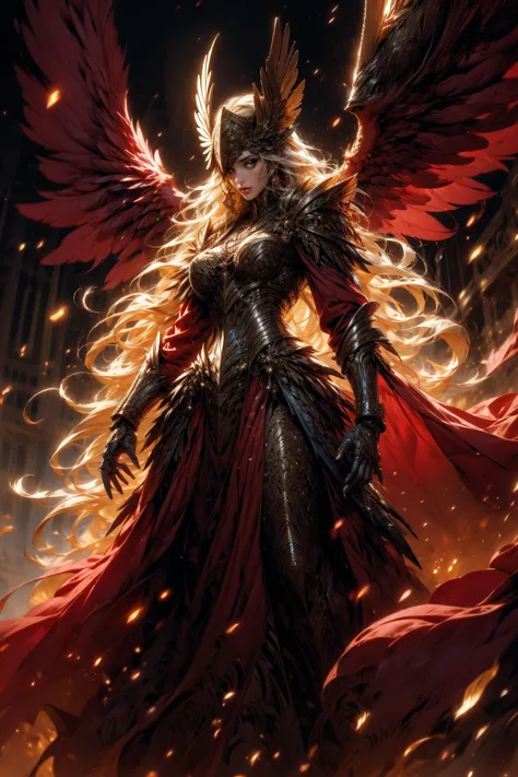 a woman in a red dress with wings and a sword