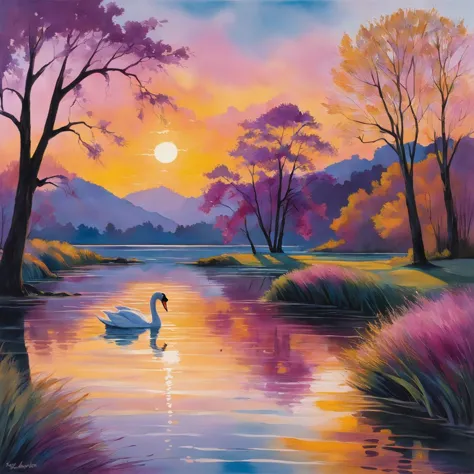 a painting of a swan swimming in a lake at sunset