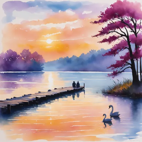 painting of a couple of swans on a dock at sunset