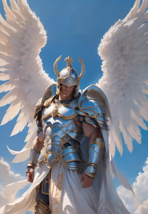 a man in armor holding a sword and a sword with wings