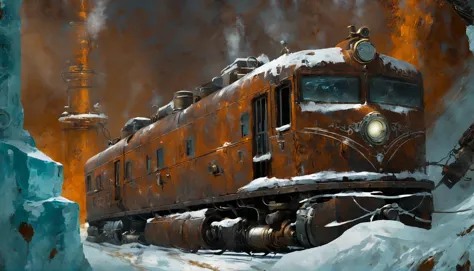 there is a painting of a train traveling through a snowy area