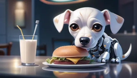 a close up of a dog sitting at a table with a hamburger and a drink