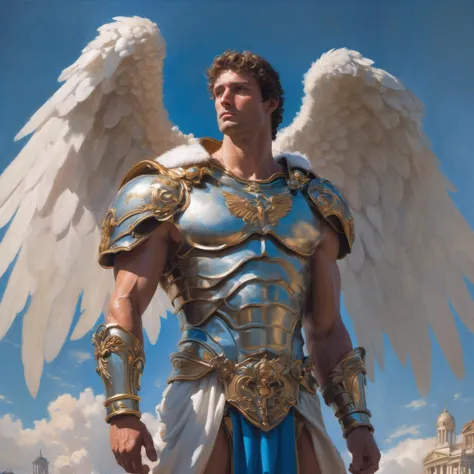 a close up of a man in armor with wings on his chest