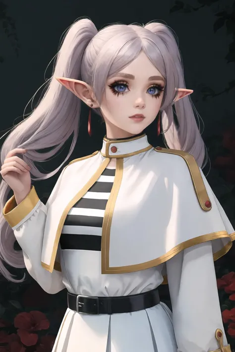 (masterpiece,best quality,beautiful and aesthetic:1.2),<lora:frieren_v1:0.75>,aafrie,long hair,white hair,twintails,pointy ears,earrings,thick eyebrows,white capelet,striped shirt,long sleeves,belt,white skirt,black pantyhose,<lora:runny_makeup:1.1>,(runny makeup:1.2),horror,