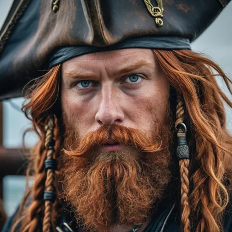 (long hair, dread hair:0.4), face close, pirate, 8k UHD, HDR, redhead beard, viking, natural eyes