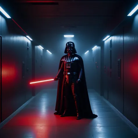 dart vader in a hallway with red lights