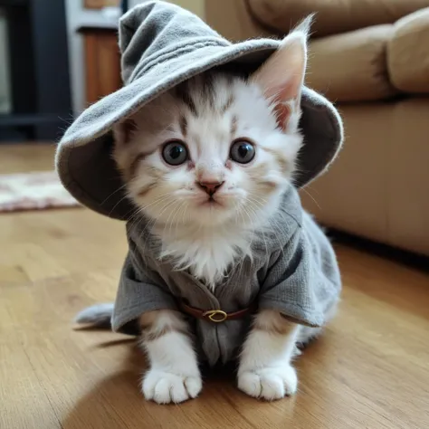 there is a small kitten wearing a hoodie on the floor