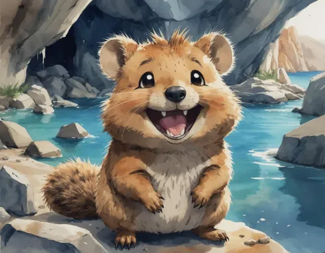 there is a painting of a smiling animal sitting on a rock