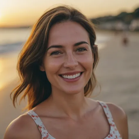 A photographic portrait closeup of a 30yo woman in a sun dress, (wrinkles:0.2), cheeky smile, beach, golden hour. Dusk. 8k. 4k.  Bokeh. Lights.