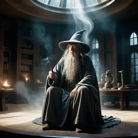 Gandalf sitting in a dusty wizard's office, magical light swirling around the room.