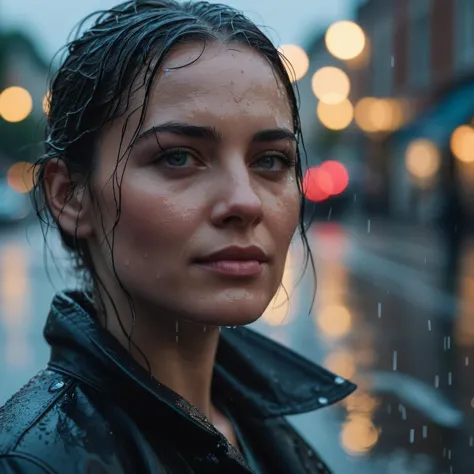 A photographic portrait closeup of a woman in the street, rain, puddles. Dusk. 8k. 4k.  Bokeh. Lights.