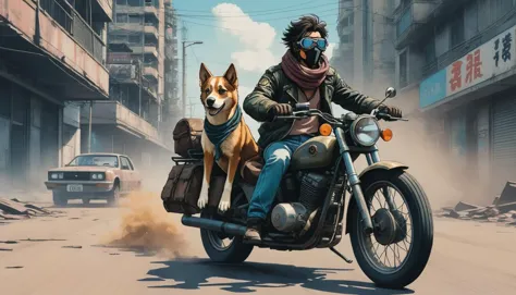 anime style painting of a man riding a motorcycle with a dog on the back