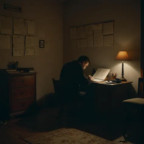 arafed man sitting at a desk in a dark room