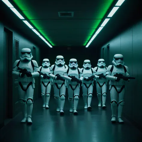 a group of stormtroopers standing in a hallway with green lights