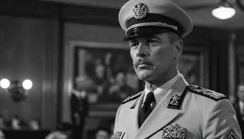 (cinematic, aesthetic, black and white) Colonel K, dictator.