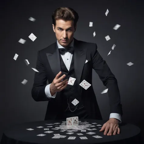 a man in a tuxedo is playing cards on a table