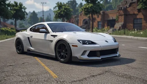 a close up of a white sports car driving on a road