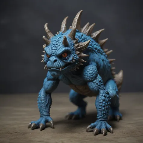 a close up of a toy of a blue dragon with spikes