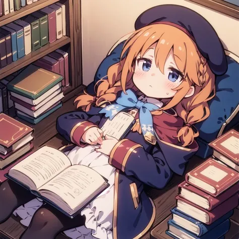 anime girl sitting in chair reading a book in front of a bookcase