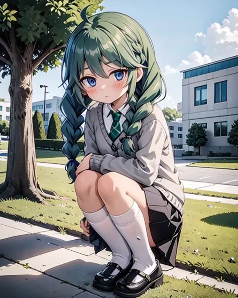 anime girl with long green hair sitting on a bench in front of a tree