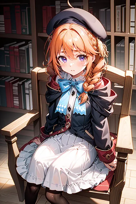 anime girl sitting on a bench in a library with bookshelves