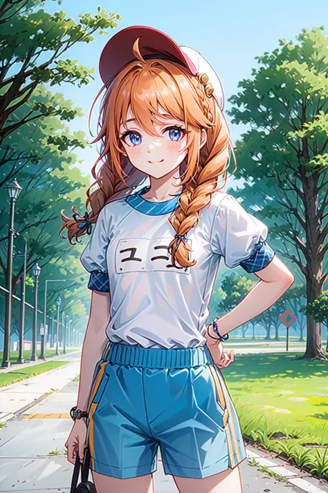 anime girl in a baseball uniform standing on a sidewalk