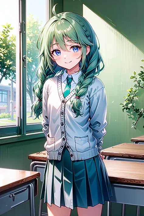 anime girl in school uniform standing in front of a window