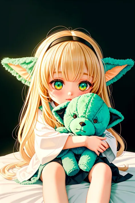 yoda holding stuffed teddy bear toy in dark room with light , V3rh03v3n