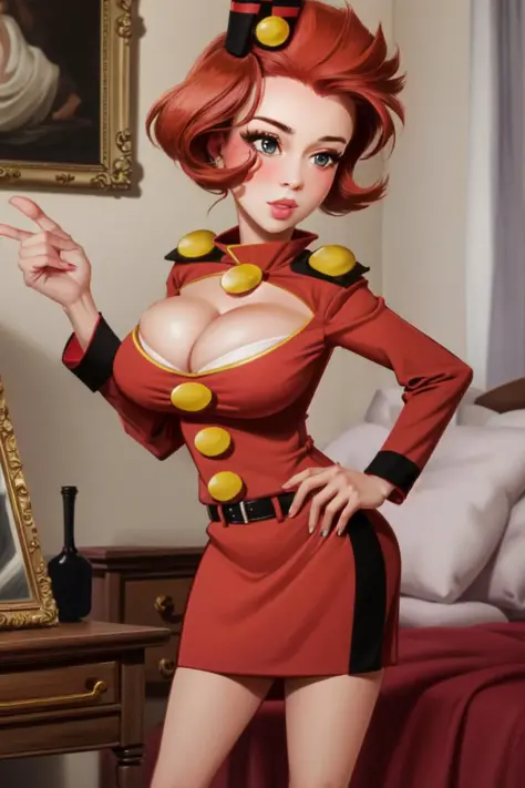 ((best quality)), ((masterpiece)), (detailed),(high-resolution:1.2),  portrait,  bedroom
Spirou mom, red dress open up, groom cap, redhead, cleavage