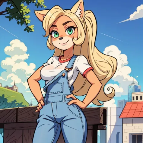 (1girl:1.000), (animal ears:0.961), (blonde hair:0.780), (blue sky:0.975), (breasts:0.881), (building:0.952), (city:0.815), (closed mouth:0.715), (cloud:0.971), (day:0.980), (furry:0.941), (furry female:0.963), (green eyes:0.925), (hand on hip:0.937), (hands on hips:0.966), (long hair:0.853), (looking at viewer:0.633), (outdoors:0.967), (overalls:0.798), (shirt:0.869), (short sleeves:0.679), (sky:0.989), (skyscraper:0.862), (small breasts:0.673), (smile:0.902), (solo:0.997), (standing:0.709), (tree:0.596), (white shirt:0.4), coco bandicoot,