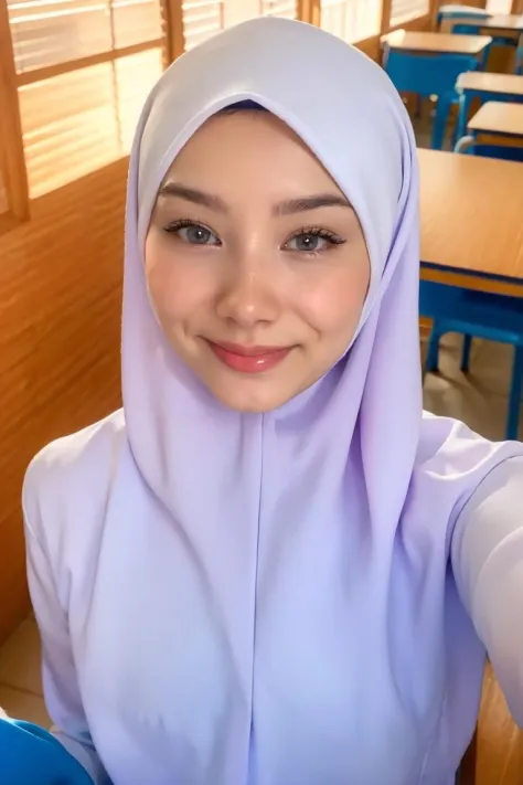 a close up selfie of a woman in a classroom, sitting on a chair in front of a table, sun kissed, warm lighting, daytime, looking...